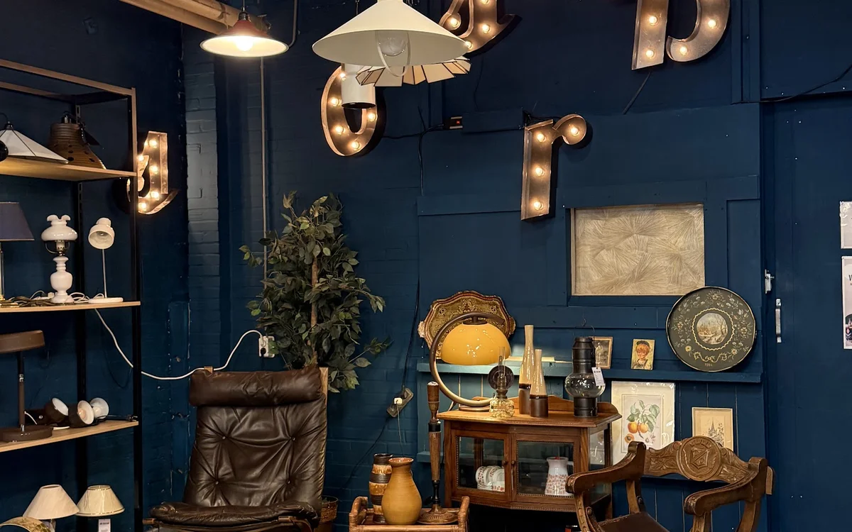 Winkelinterieur met donkerblauwe wanden, vintage meubels, decoratieve lampen en opgezette spullen