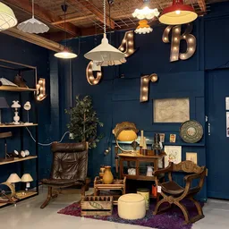 Winkelinterieur met donkerblauwe wanden, vintage meubels, decoratieve lampen en opgezette spullen