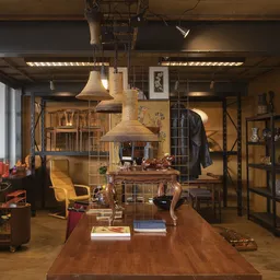 Ruim interieur van kringloopwinkel met houten tafel, hanglampen, stellingen met spullen en kleding aan het rek