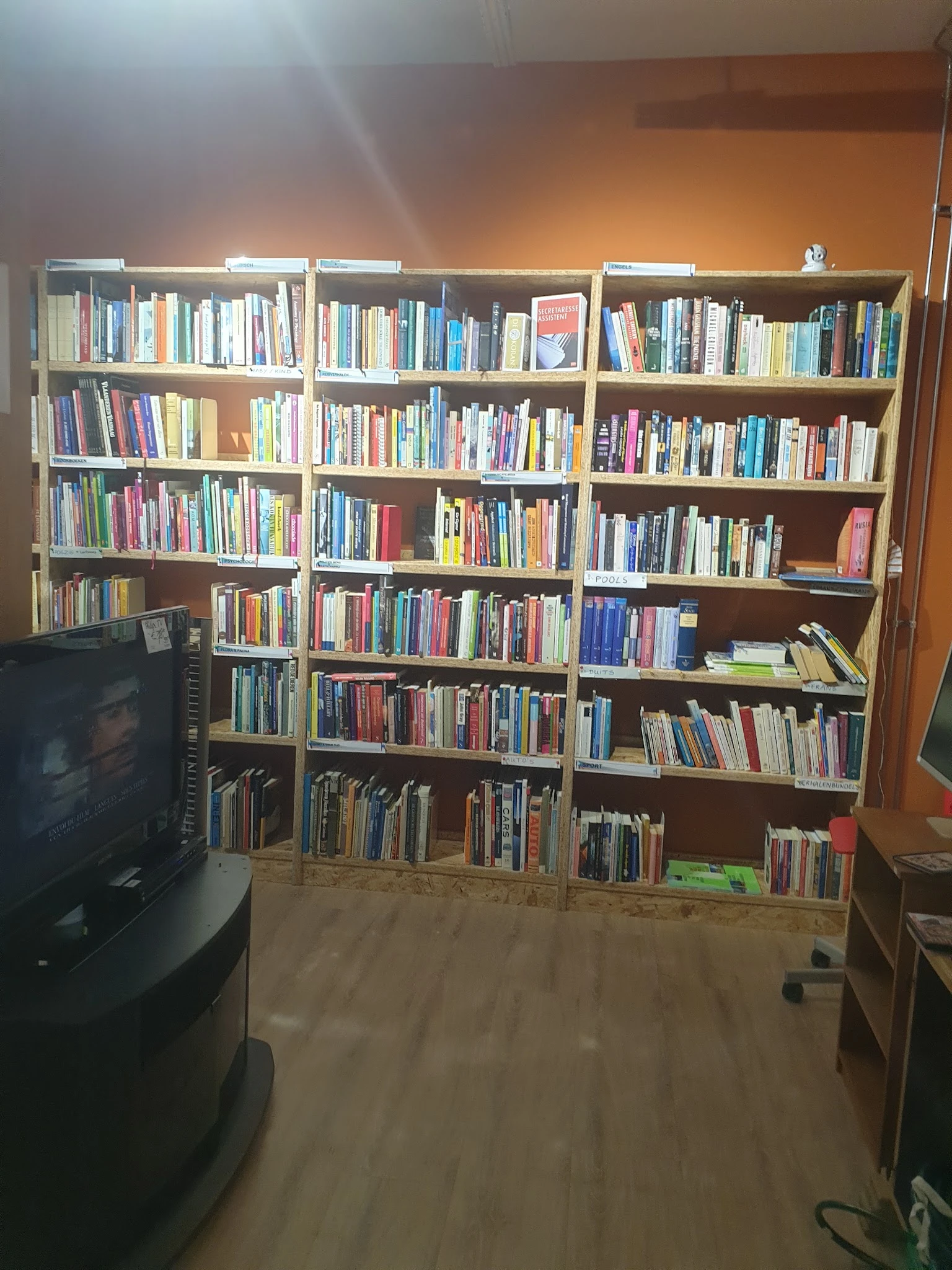 Grote boekenkasten met honderden tweedehands boeken in verschillende kleuren, netjes gerangschikt op meerdere niveaus