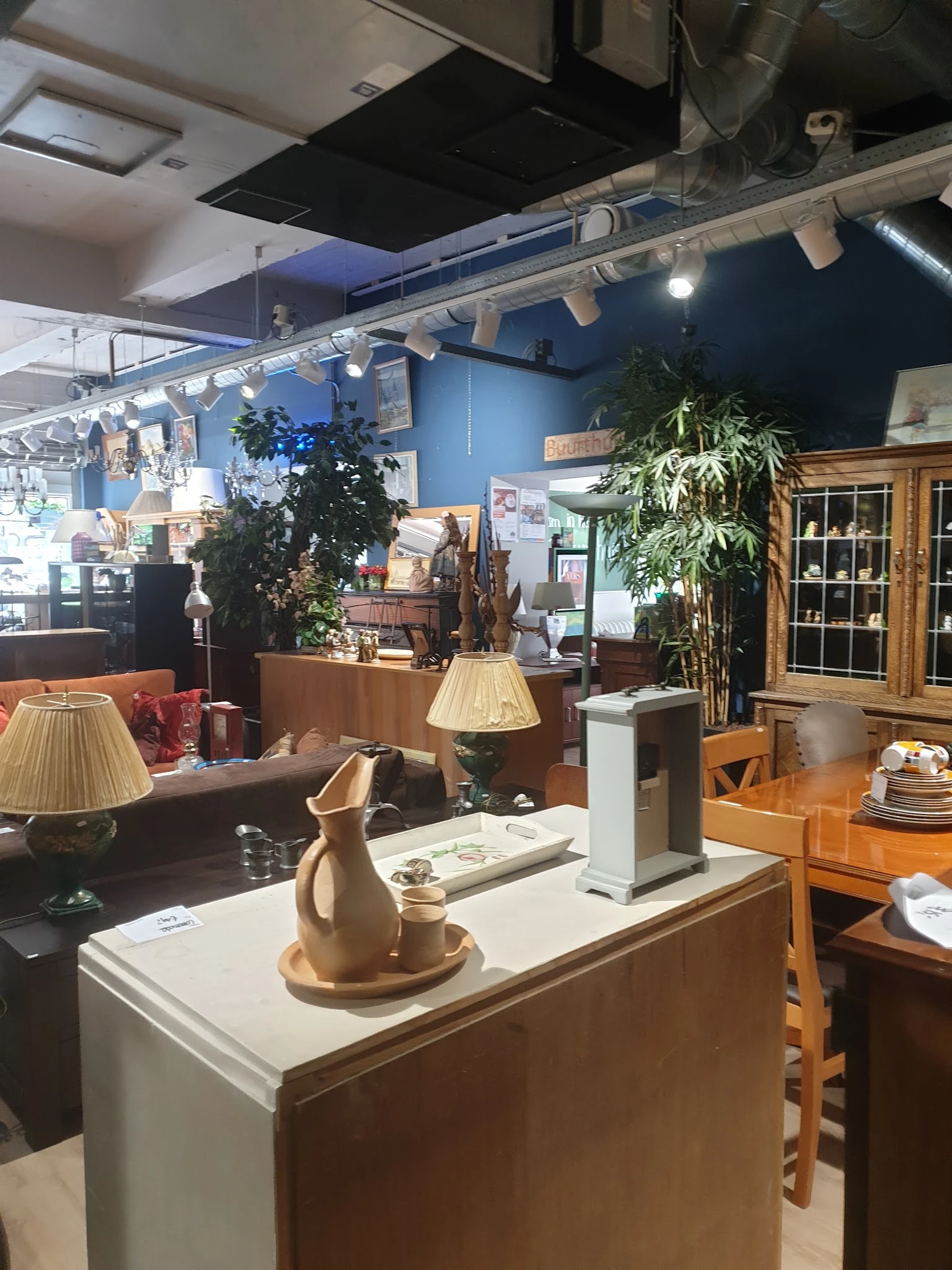 Winkelvloer met houten meubels, lampen, plantenbakken en diverse huishoudelijke artikelen op stellingen