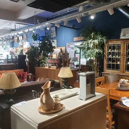 Winkelvloer met houten meubels, lampen, plantenbakken en diverse huishoudelijke artikelen op stellingen