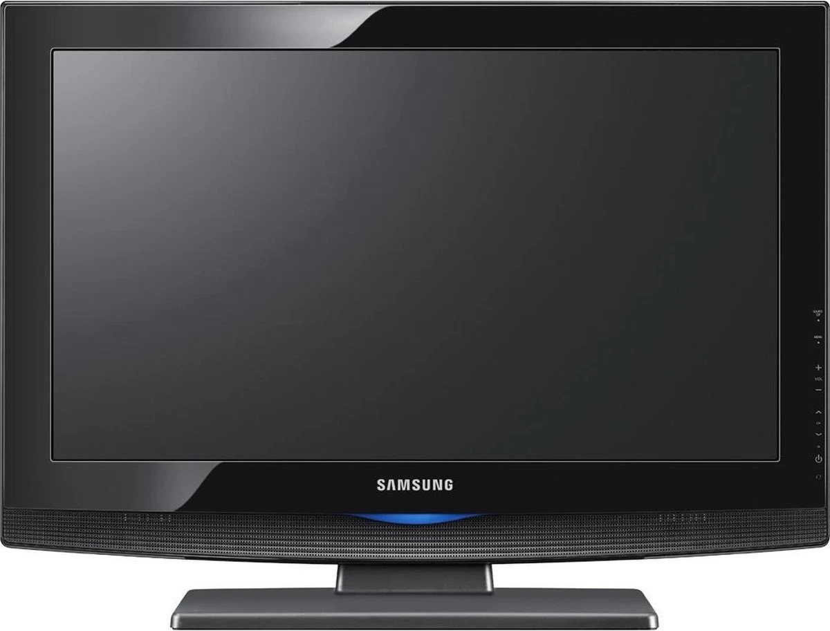 Samsung televisie met zwart scherm, frontaal gefotografeerd