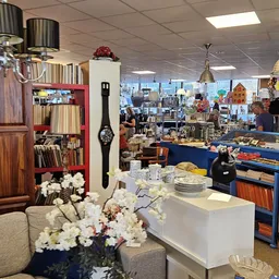 Overzicht van kringloopwinkel met stellingen, tafels met huishoudwaar, boeken, meubels en decoratieve items
