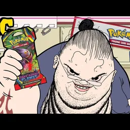 Geanimeerde afbeelding van een man met Pokémon-kaarten, tekstballon met 'MC'