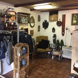 Winkelvloer van kringloopwinkel met kleding aan rekken, decoratiestukken aan muren, en vintage meubels