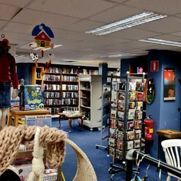 Binnenkant kringloopwinkel met boekenkasten, speelgoed, puzzels en diverse tweedehandsartikelen onder fluorescente verlichtin