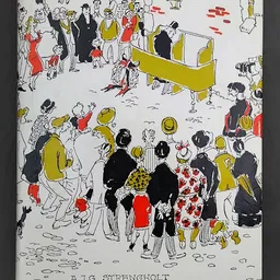 Illustratie met zwart-wit tekeningen en gele accenten van mensen op een markt of evenement