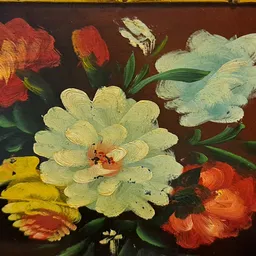 Schilderij met bloemenboeket in olieverf op donkere achtergrond