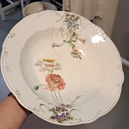 Decoratief porseleinen bord met bloemmotief, wordt in hand gehouden