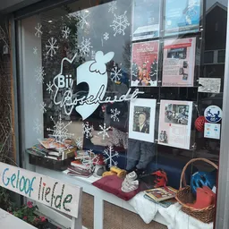 Winkelruit met kerstdecoratie, informatieborden en diverse tweedehands artikelen op display