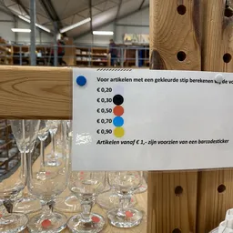 Prijslijst met gekleurde stippen voor categorisering van artikelen in een kringloopwinkel
