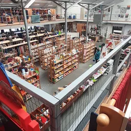 Overzicht van de winkelzaal met houten stellingen vol spullen, vanaf een verhoging gefotografeerd.