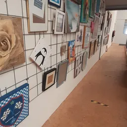 Galerij met kunstwerken en afbeeldingen aan metallisch raster in kringloopwinkel