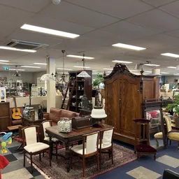 Winkelvloer met meubels, muziekinstrumenten en huishoudspullen in kringloopwinkel