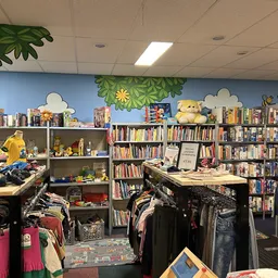 Winkelinterieur met boekenrekken, kledingrekken en speelgoed onder blauwe muur met groene decoratie