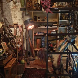 Binnenaanzicht van kringloopwinkel met stellingen vol spullen, vintage lamp, decoratieve objecten en diverse tweedehandsartik