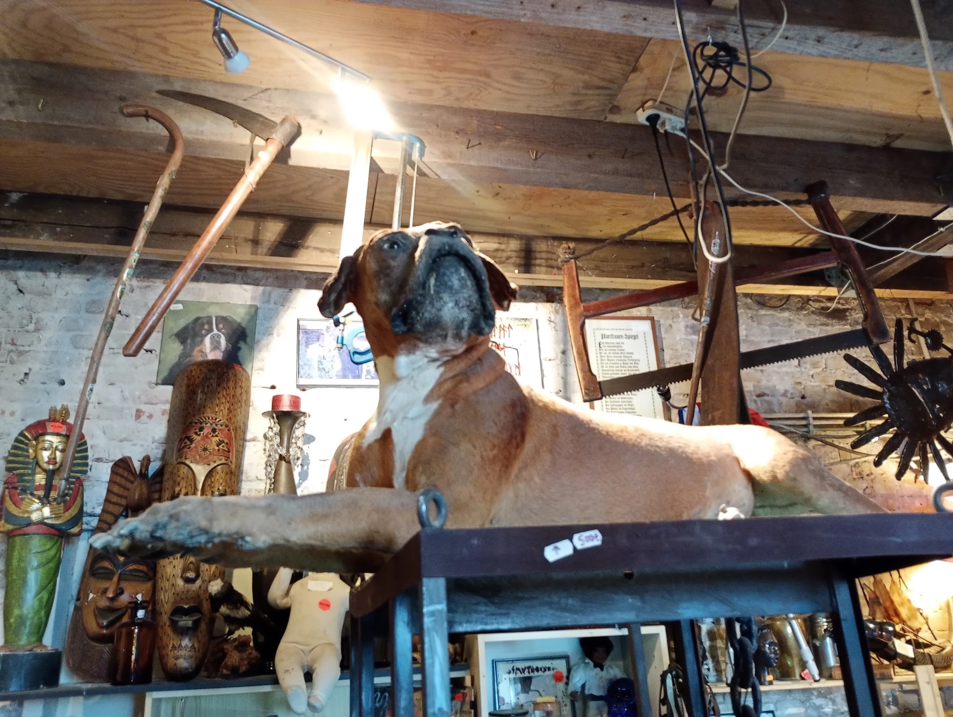 Binnenaanzicht van kringloopwinkel met houten balken, diverse tweedehands artikelen, sculpturen en decoratieve voorwerpen op 