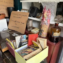 Tweedehands boeken, glazen flessen, decoratieve items en ander huishoudgoed op een shelving unit