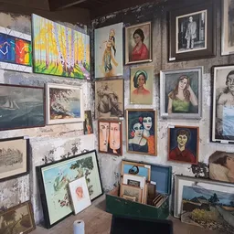 Verzameling van schilderijen, portretten en kunstwerken aan de wand uitgestald