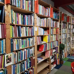 Boekenkasten vol tweedehands boeken in verschillende kleuren, met kleurrijke zithoeken op de winkelvloer
