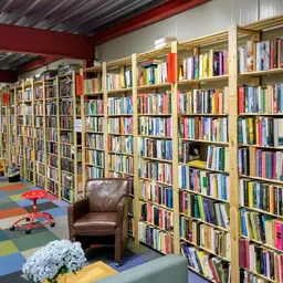 Binnenzicht van kringloopwinkel met uitgebreide boekenkasten langs de wanden, kleurrijke tegelvloer, bruine fauteuil en witte