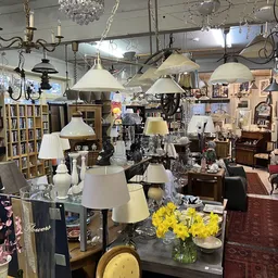 Overzicht van winkelinterieur met hanglampen, boekenkasten, meubels en decoratieve spullen