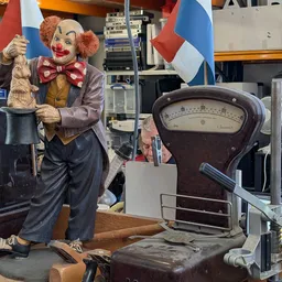Vintage weegschaal en clownspopdecoratie in de kringloopwinkel