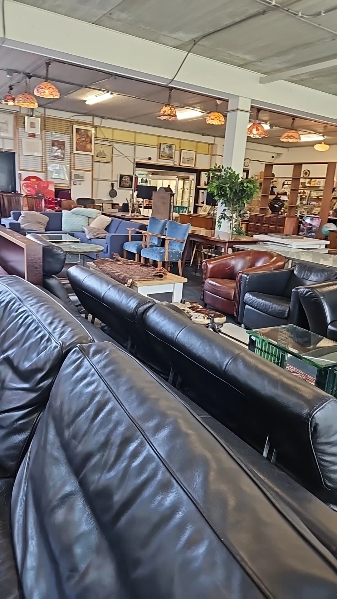 Diverse tweedehands meubels uitgestald in de winkel, waaronder leren banken en stoelen in verschillende kleuren