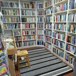 Hoekje van kringloopwinkel met witte boekenkast tegen twee wanden, vol met dvd's en films, houten stoel op gestreept tapijt