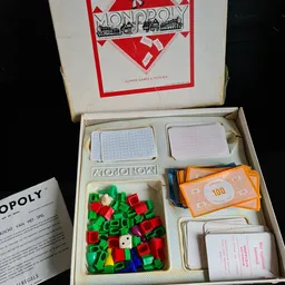 Vintage Monopoly-spel in open doos met speelstukken, kaarten en geld zichtbaar