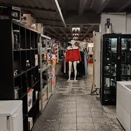Winkelinterieur met rekken met kleding aan beide zijden en een etalagepop met rood shirt in het midden