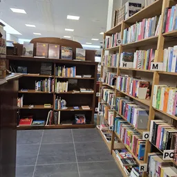 Boekenrekken in een kringloopwinkel met donkerbruine stellingen links en lichte houten kasten rechts, alfabetisch geordend