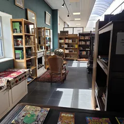 Leesruimte in kringloopwinkel met boekenkasten, een bruine stoel en een bank met kleed