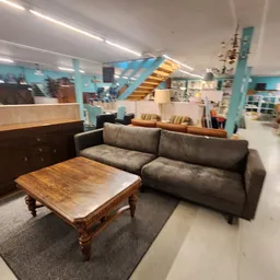 Winkelvloer met grijze sofa, houten salontafel op vloerkleed en houten kast, turquoise wanden