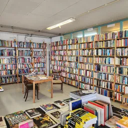 Boekenwinkelinterieur met uitgebreide boekenkasten langs de wanden en losse boeken op de grond