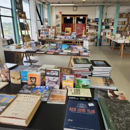 Boekenwinkel interieur met boekenrekken, tafels vol met boeken en stripboeken uitgestald
