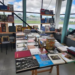 Uitgestalde boeken, kunstboeken en designs op tafels en muurkasten in de winkel