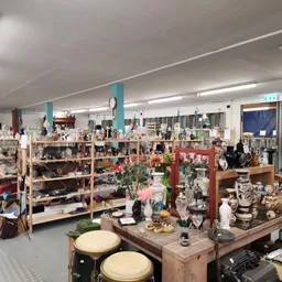 Ruim magazijnachtig interieur met houten stellingen vol huishoudartikelen, servies en decoratievoorwerpen