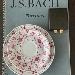 Decoratief bord met roze bloemenpatroon, naast een spiraalschrift en ander object
