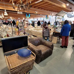 Winkelinterieur met bruine leunstoel, televisie en blauwe bal op rieten tafel, klanten winkelen op de achtergrond