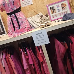 Winkelrek met roze en bordeauxrode jurken en accessoires, decoraties op plank boven