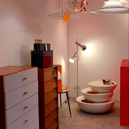 Uitgestalde serviesgoed en huishoudartikelen in de winkel, met stapels witte schalen en diverse meubels op de achtergrond