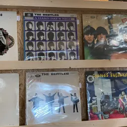 Verzameling The Beatles vinyl records en elpees uitgestald op een plank