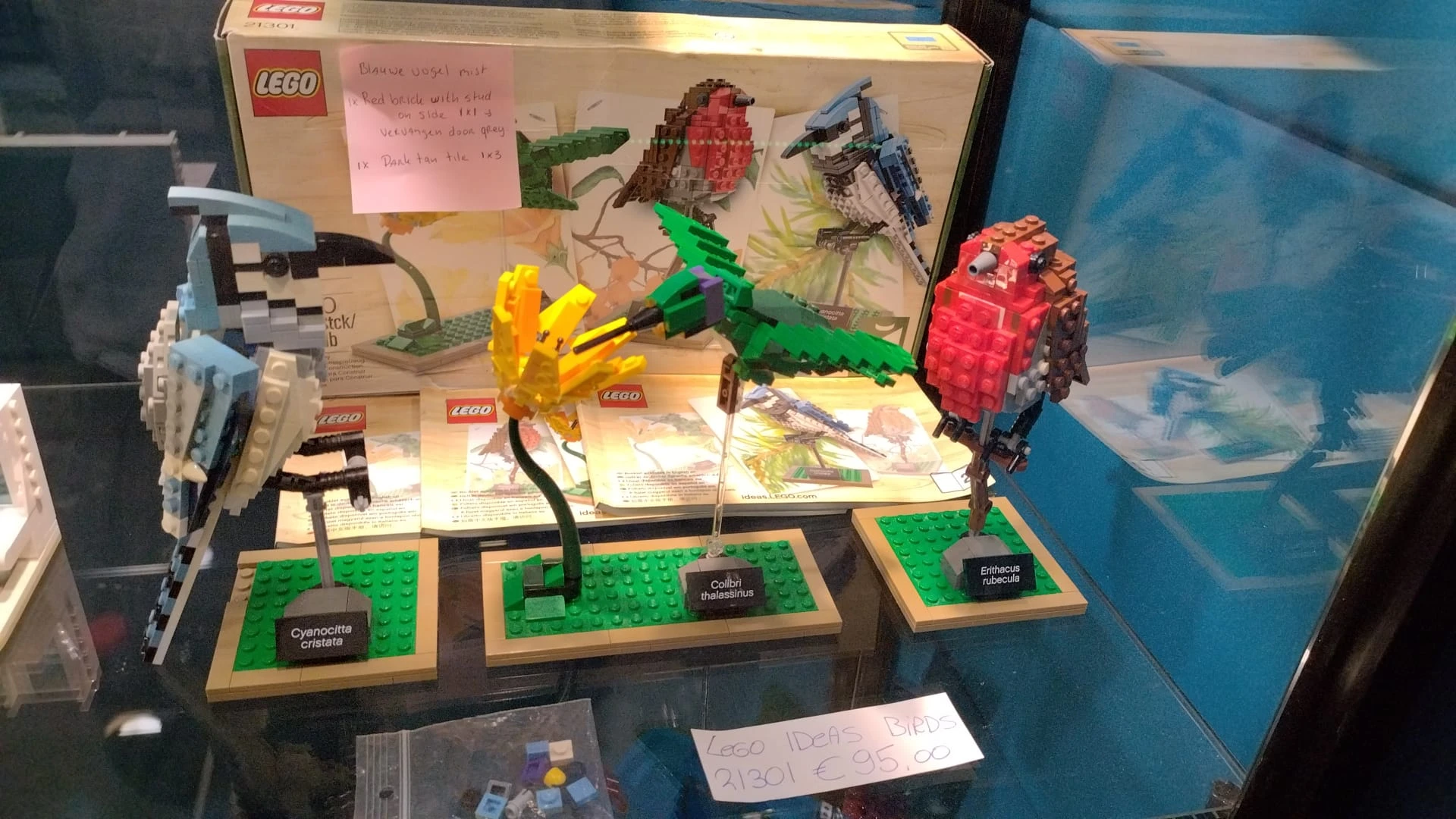 LEGO-vogelsets op groene display-bases met instructiekaarten en originele verpakking op achtergrond