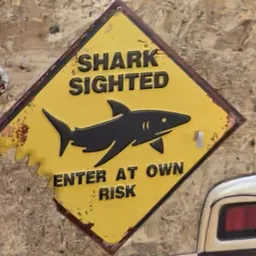 Geel waarschuwingsbord met zwarte haai en tekst 'Shark Sighted Enter At Own Risk'