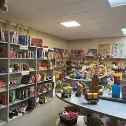 Kinderkamer-afdeling met boeken, speelgoed en decoraties op tafels en stellingen