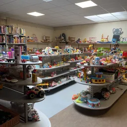 Kinderspeelgoed uitgestald op tafels en stellingen in de kringloopwinkel