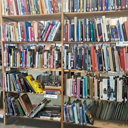 Houten stellingen vol met tweedehands cd's, dvd's en boeken in een kringloopwinkel
