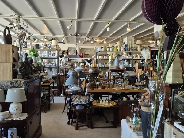 Overzicht van kringloopwinkel met diverse meubels, lampen, servies en huishoudartikelen op stellingen en tafels onder verlich